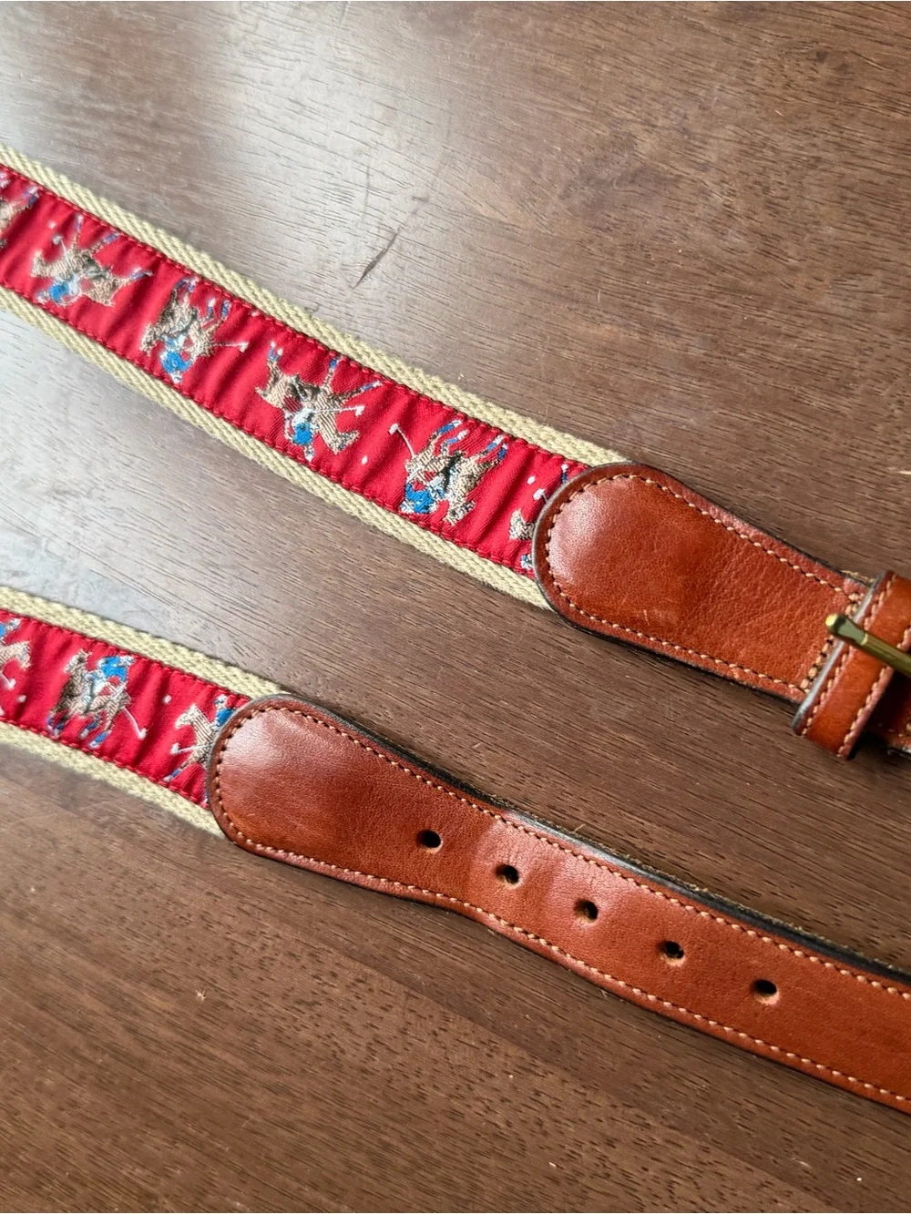 Jos. A. Bank Red Equestrian Ribbon Belt with Brown Leather and Gold Buckle